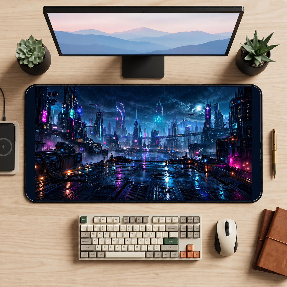 Rainy Neon Cyberpunk City desk mat — product mockup 2