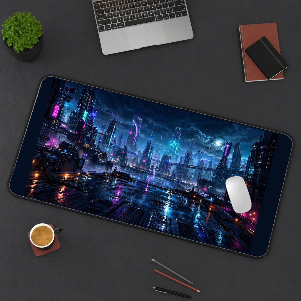 Rainy Neon Cyberpunk City desk mat — product mockup 3
