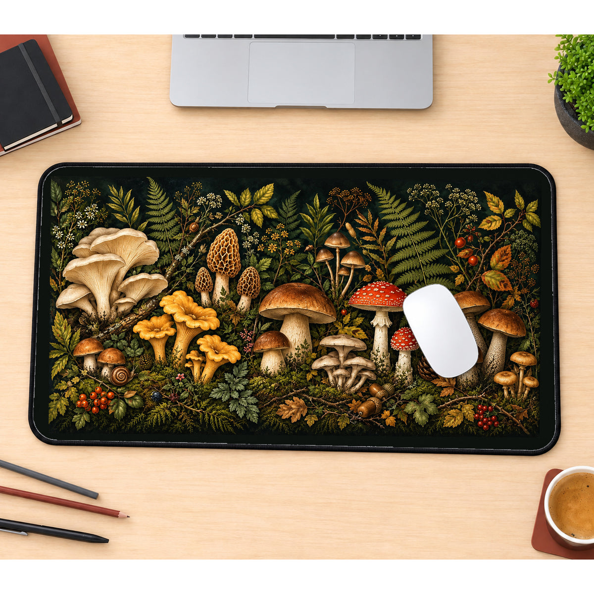 Woodland Mushroom Forager desk mat — product mockup 1
