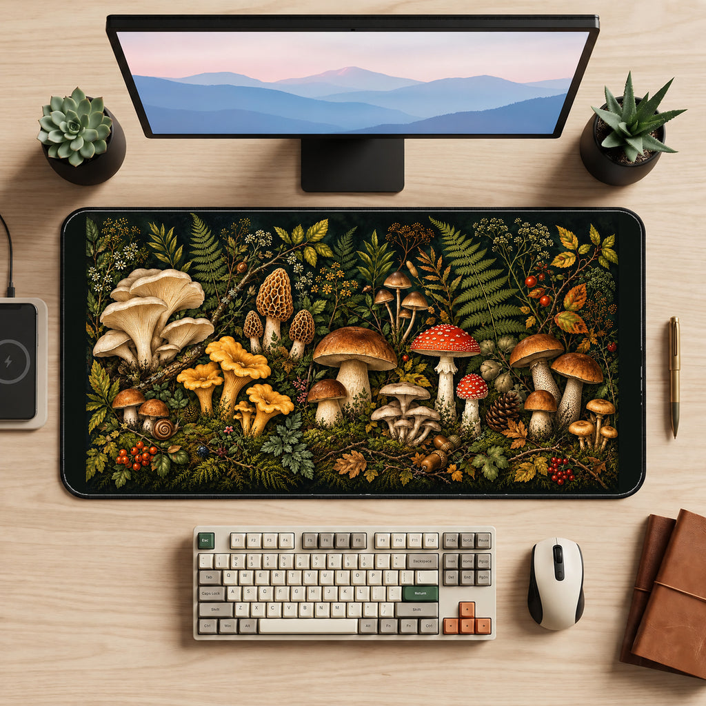 Woodland Mushroom Forager desk mat — product mockup 2