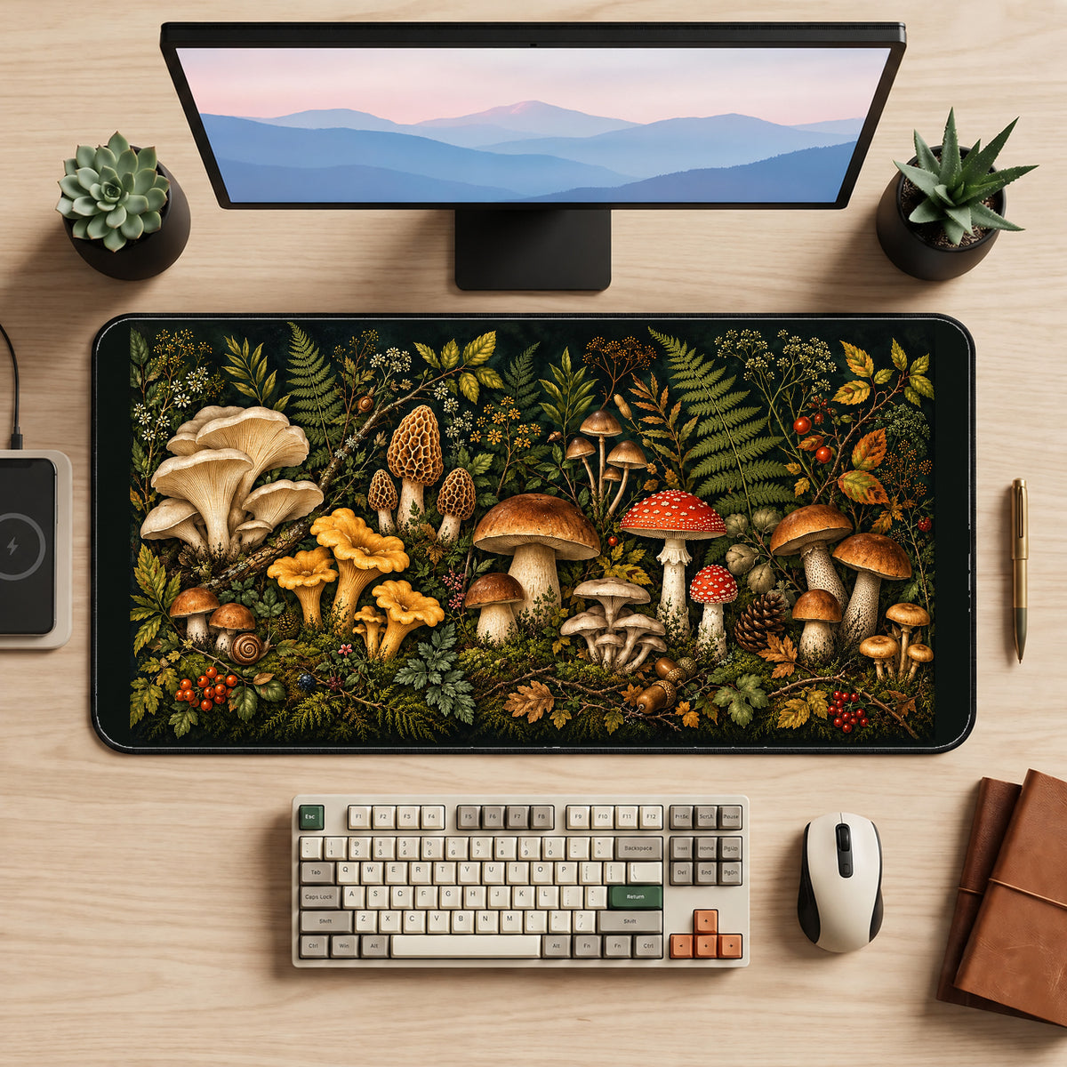 Woodland Mushroom Forager desk mat — product mockup 2