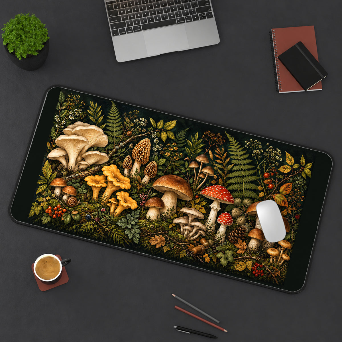 Woodland Mushroom Forager desk mat — product mockup 3