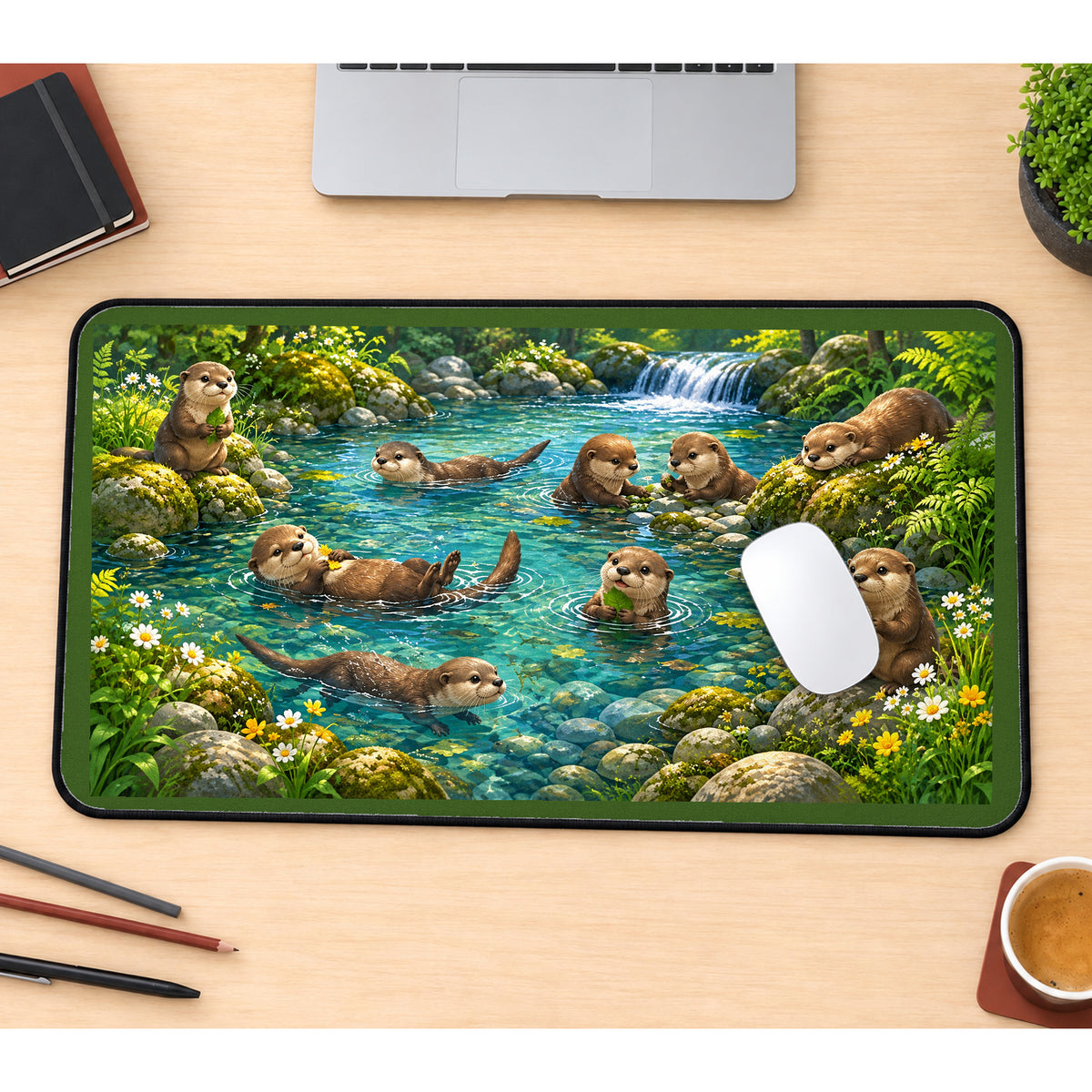 Otters in a Woodland River desk mat — product mockup 1