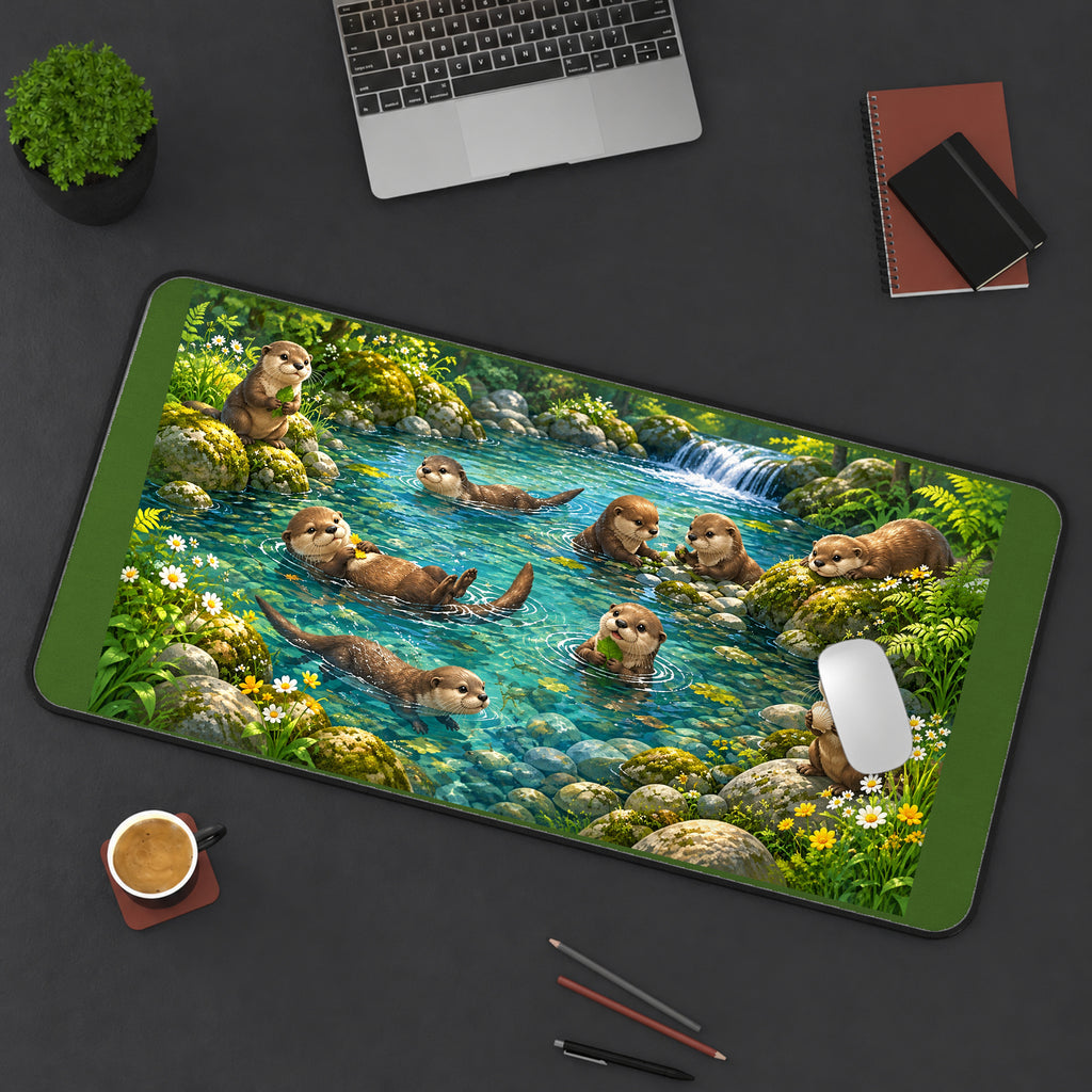 Otters in a Woodland River desk mat — product mockup 3