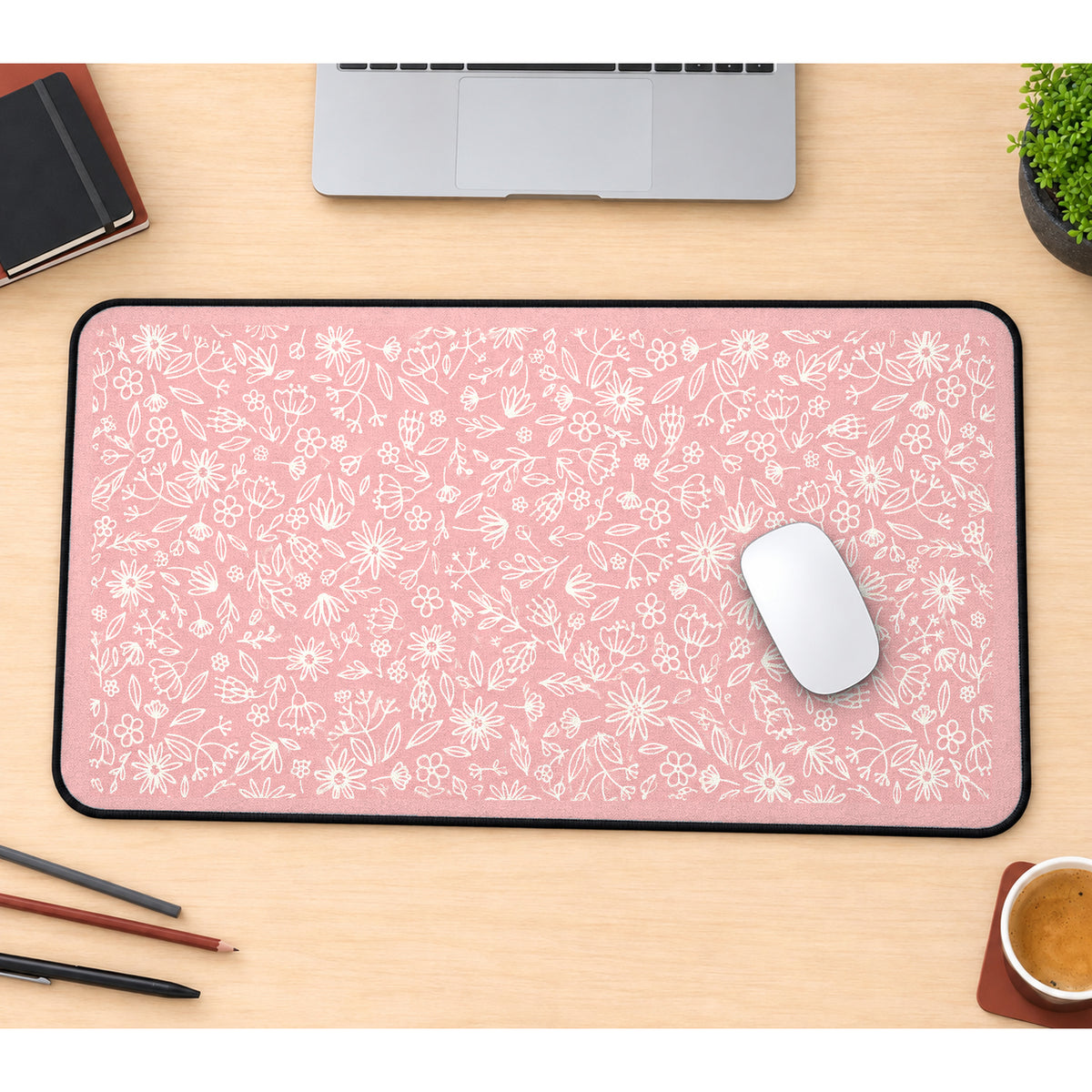 White Floral Linework on Pink desk mat — product mockup 1