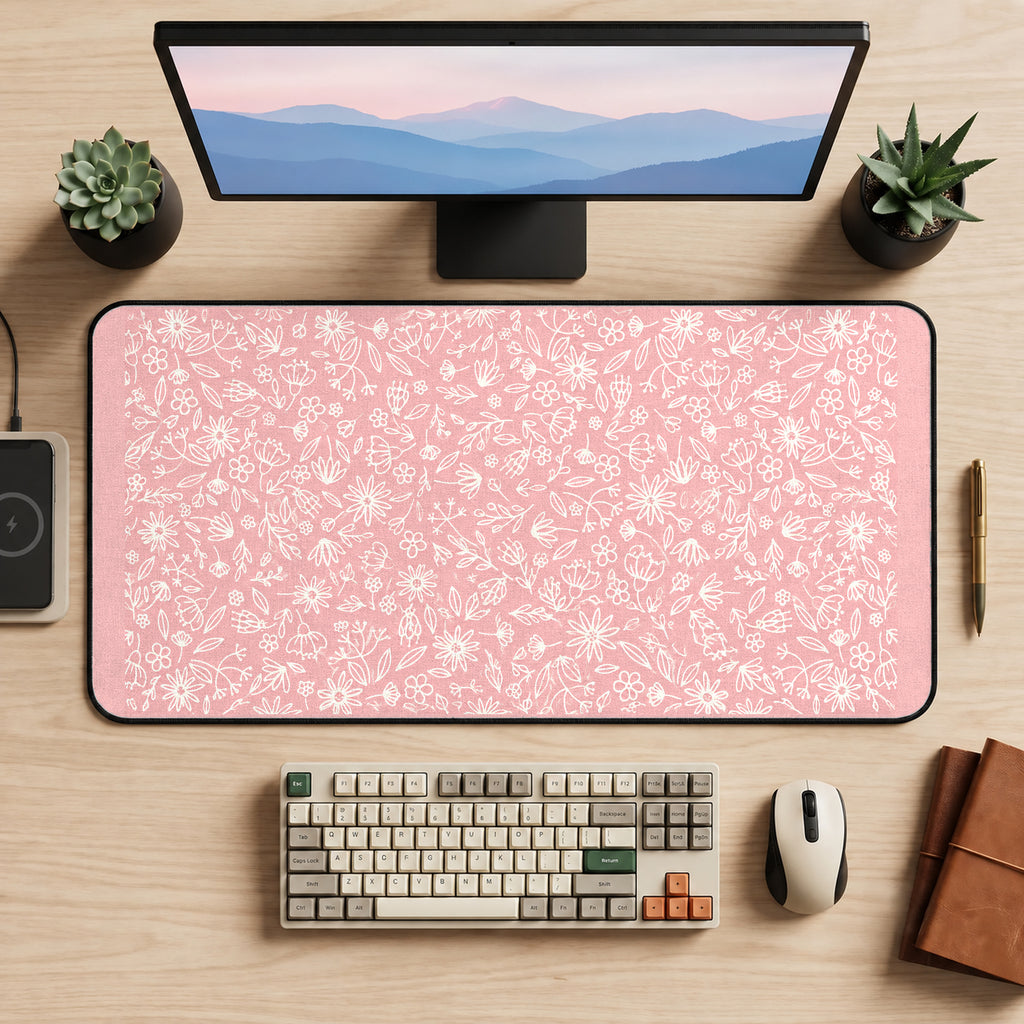 White Floral Linework on Pink desk mat — product mockup 2