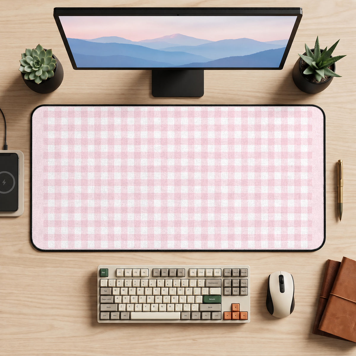 Pastel Pink Gingham desk mat — product mockup 2