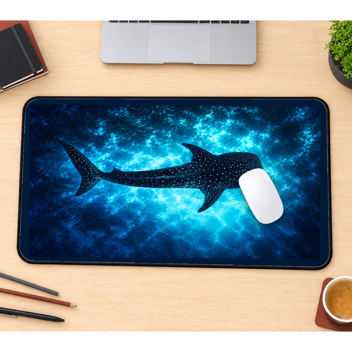 Whale Shark in Blue Water desk mat — product mockup 1