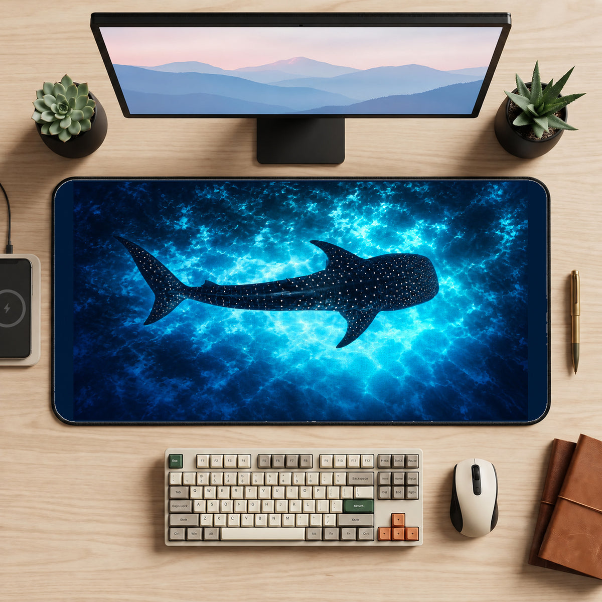 Whale Shark in Blue Water desk mat — product mockup 2