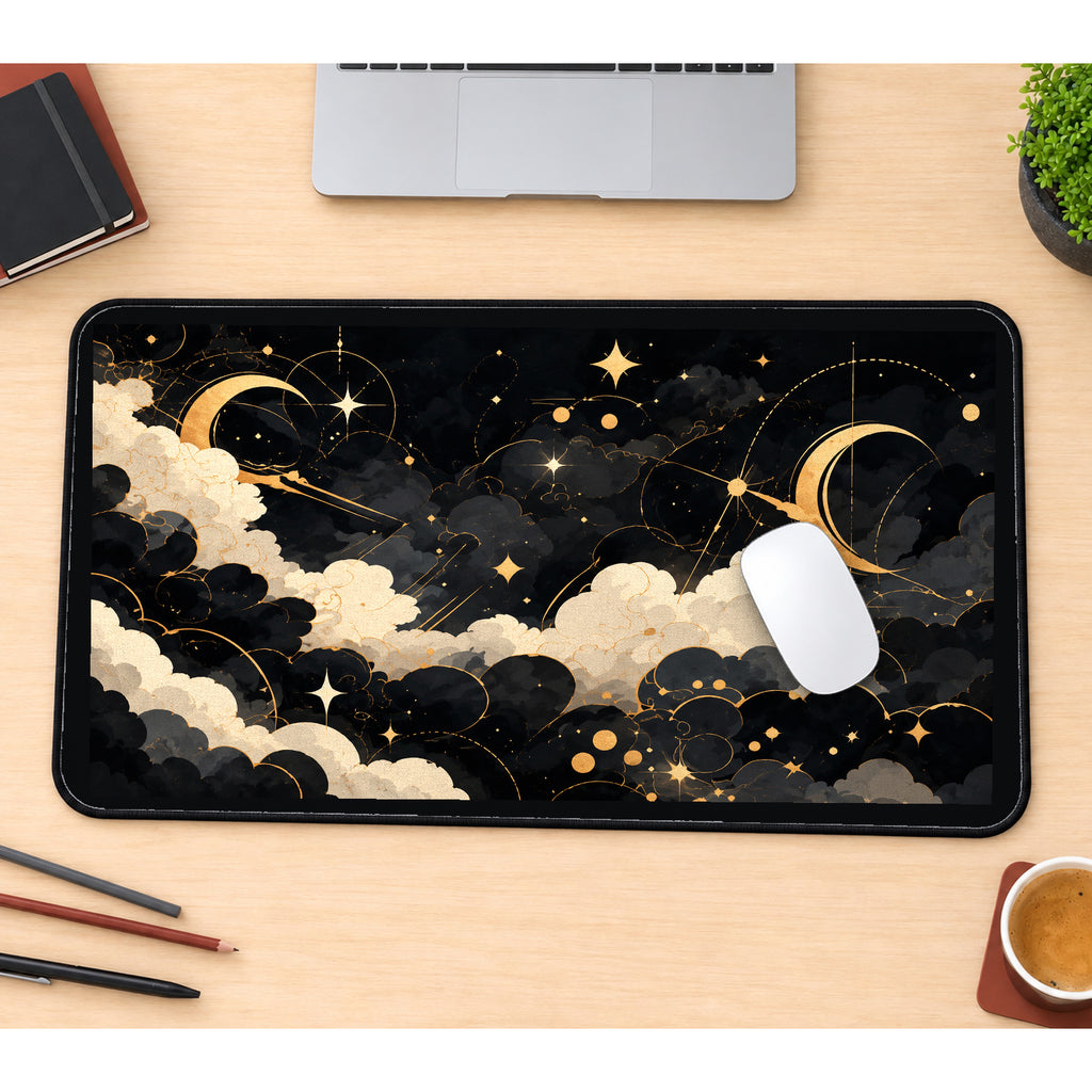 Black and Gold Celestial Clouds desk mat — product mockup 1