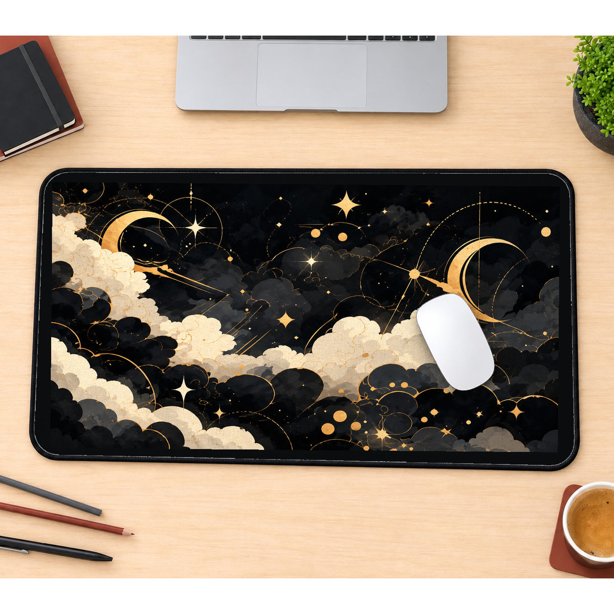 Black and Gold Celestial Clouds desk mat — product mockup 1