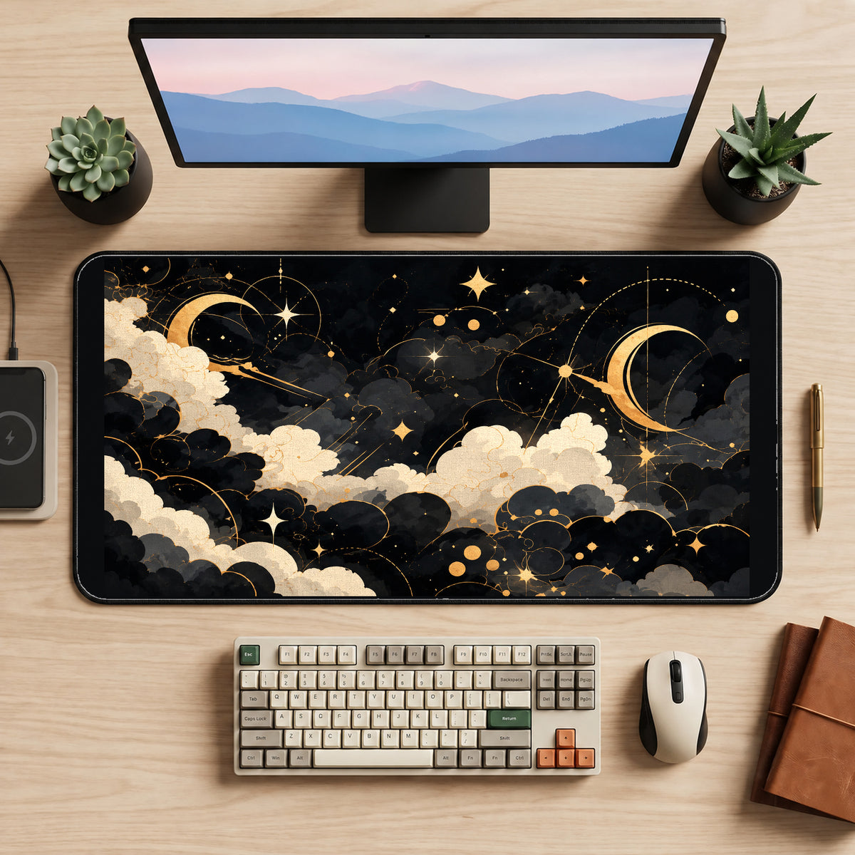 Black and Gold Celestial Clouds desk mat — product mockup 2