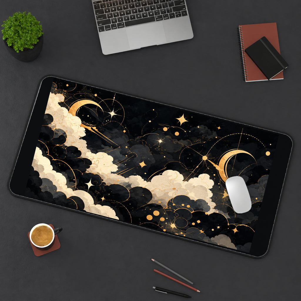 Black and Gold Celestial Clouds desk mat — product mockup 3