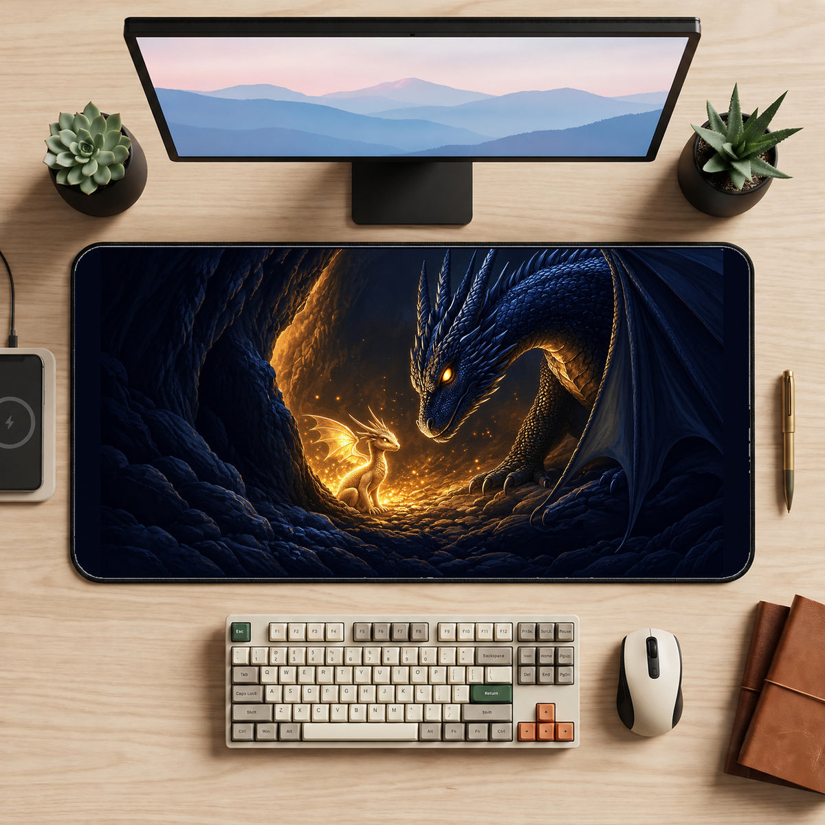Golden Hatchling and Dark Dragon desk mat — product mockup 2