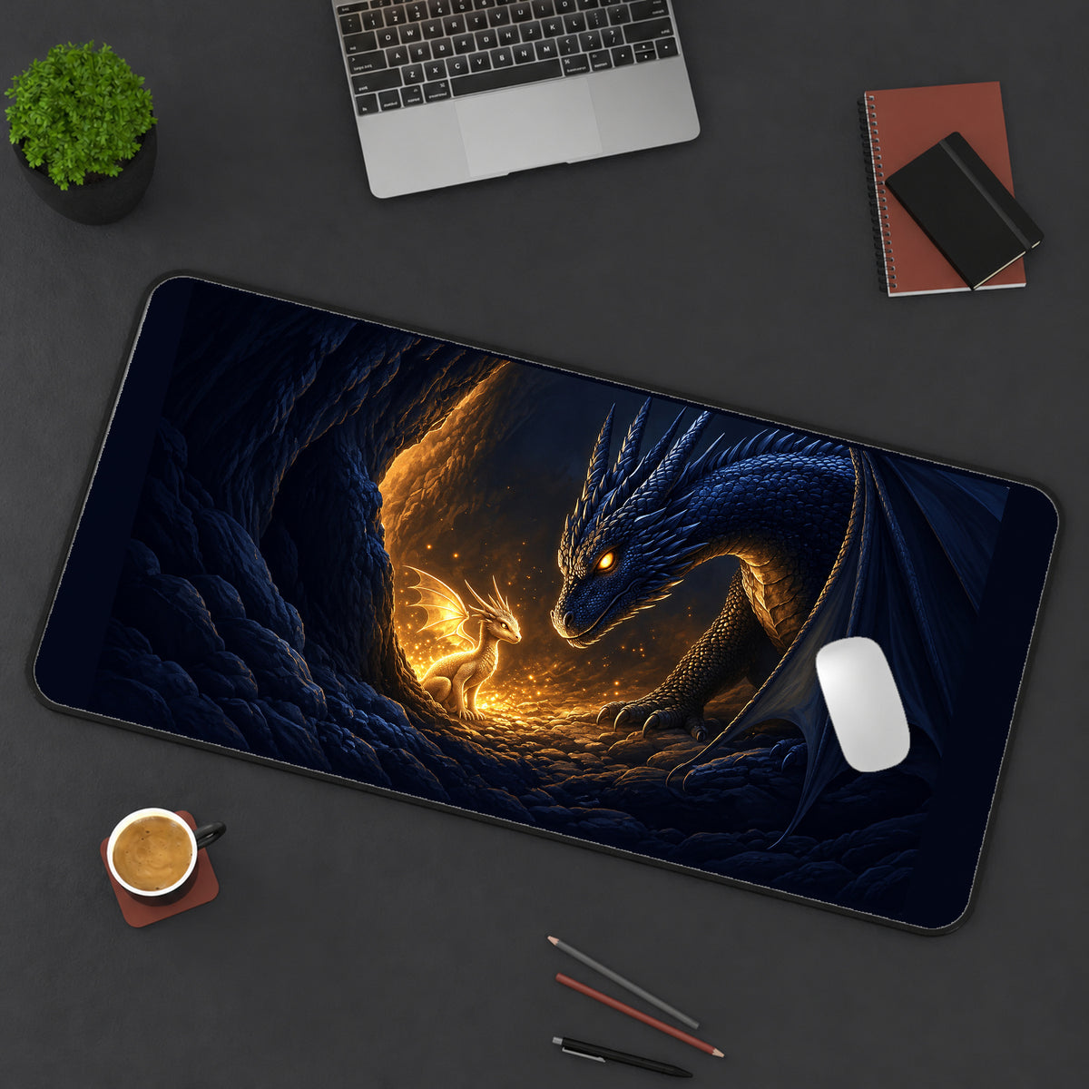 Golden Hatchling and Dark Dragon desk mat — product mockup 3