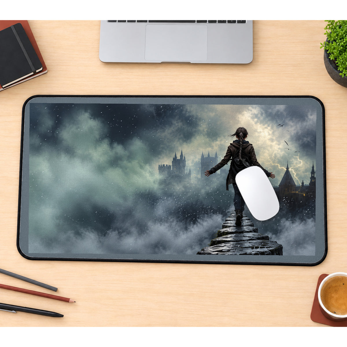 Lone Figure on a Misty Parapet desk mat — product mockup 1