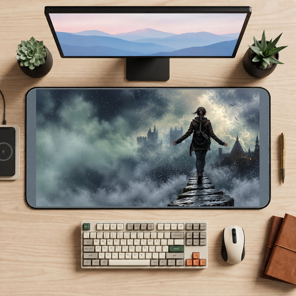 Lone Figure on a Misty Parapet desk mat — product mockup 2
