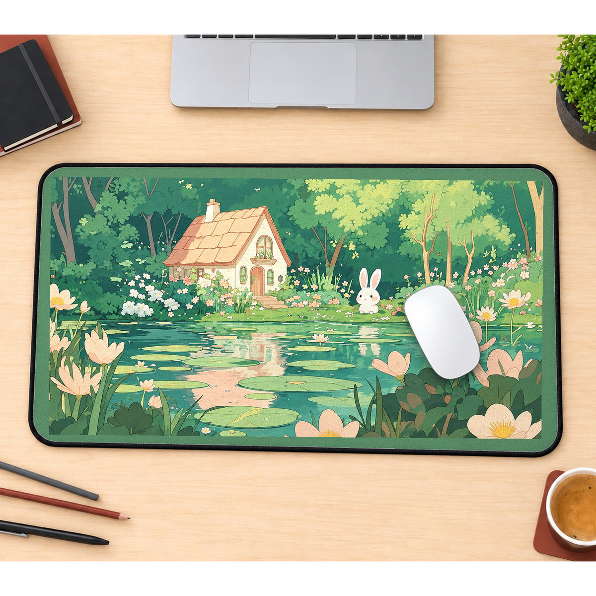 Bunny Cottage Lily Pond desk mat — product mockup 1