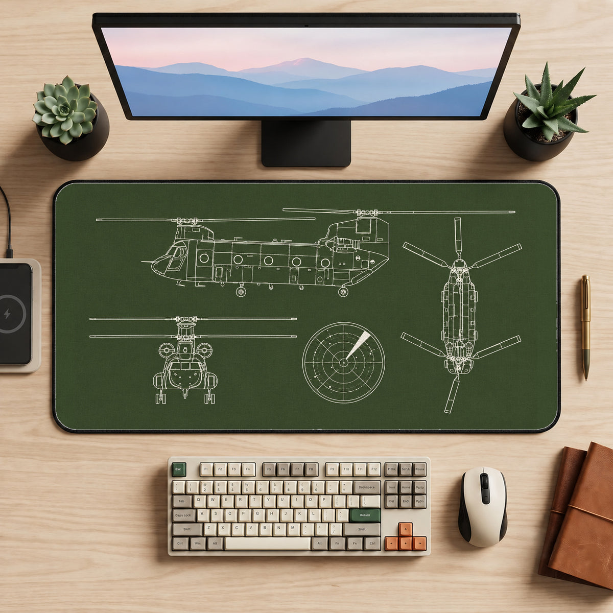 Tandem Rotor Helicopter Blueprint desk mat — product mockup 2