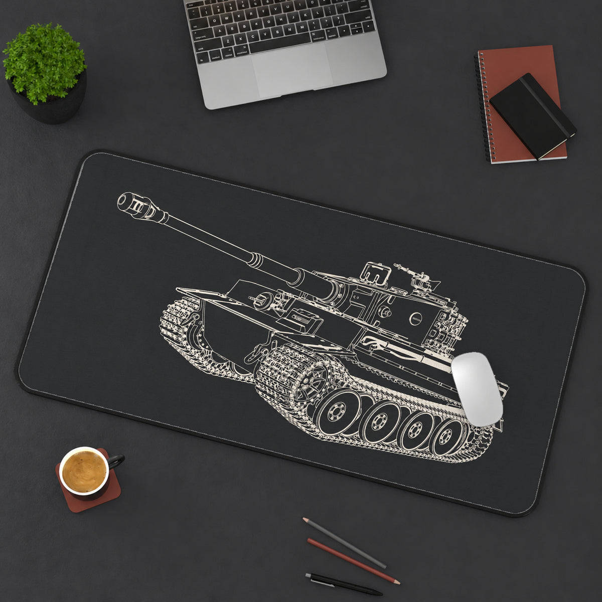 Vintage Tank Technical Drawing desk mat — product mockup 3