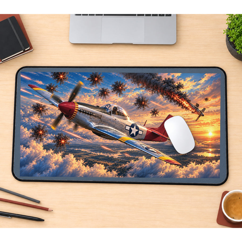 Red Tail Fighter Plane at Sunset desk mat — product mockup 1
