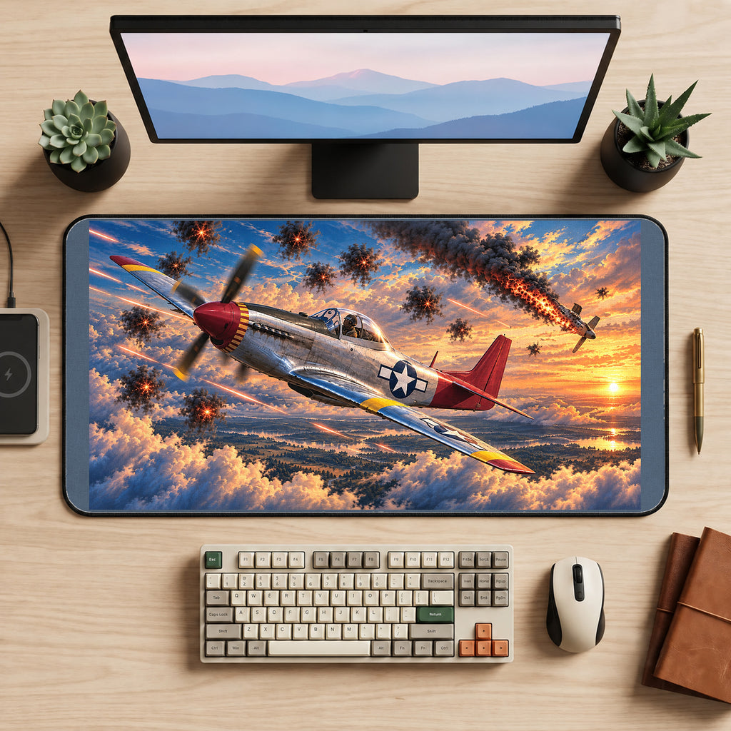 Red Tail Fighter Plane at Sunset desk mat — product mockup 2