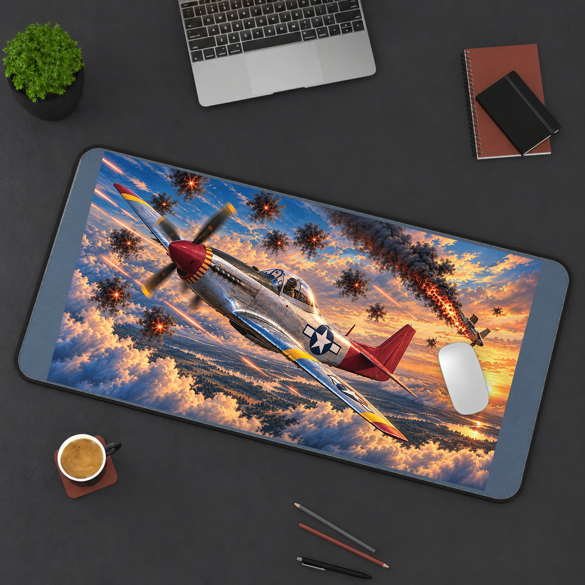 Red Tail Fighter Plane at Sunset desk mat — product mockup 3