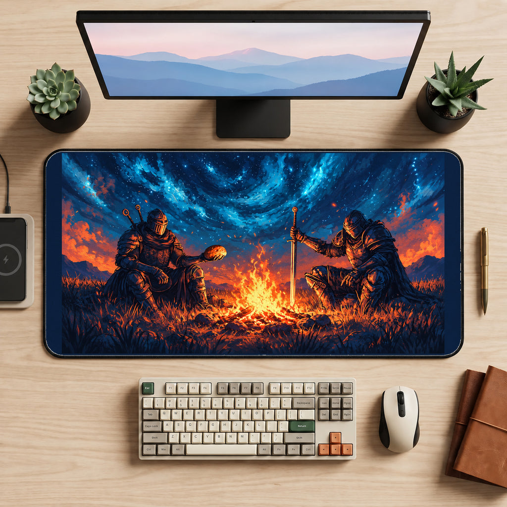 Knights Around a Starry Campfire desk mat — product mockup 2