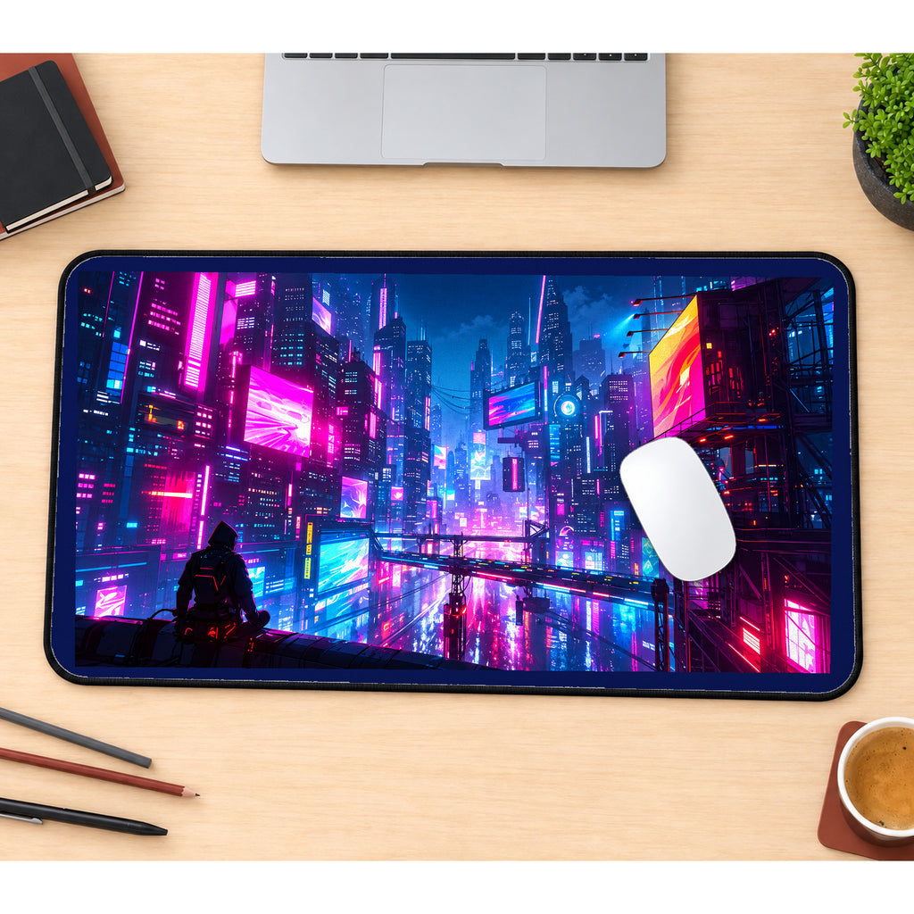 Magenta Neon Future City desk mat — product mockup 1