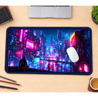 Magenta Neon Future City desk mat — product mockup 1