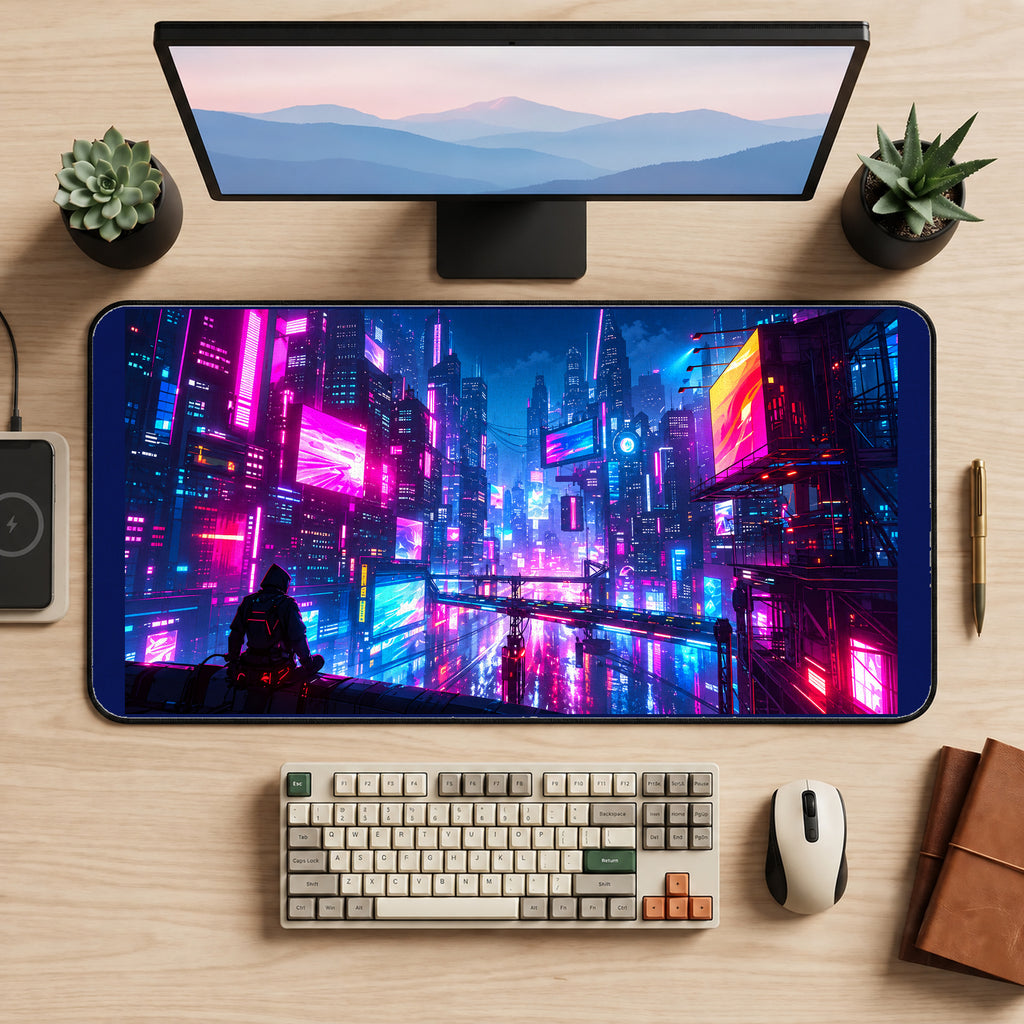 Magenta Neon Future City desk mat — product mockup 2