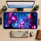Magenta Neon Future City desk mat — product mockup 2