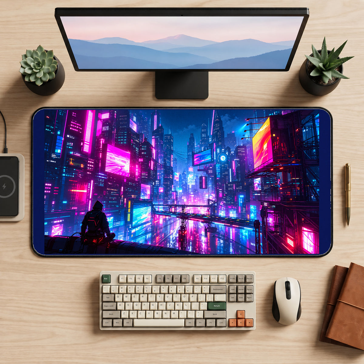 Magenta Neon Future City desk mat — product mockup 2