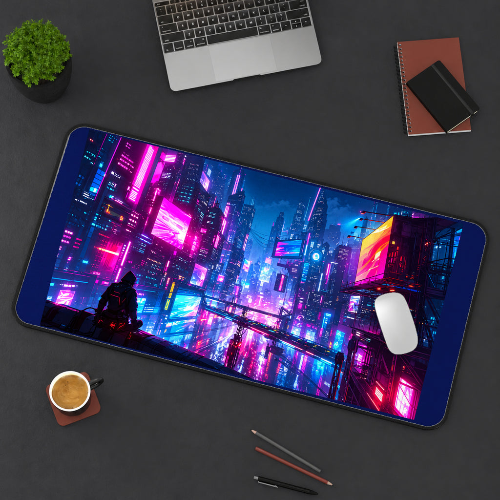 Magenta Neon Future City desk mat — product mockup 3