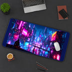 Magenta Neon Future City desk mat — product mockup 3