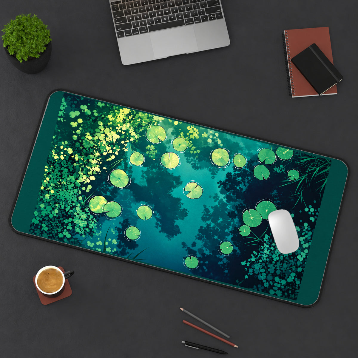 Green Lily Pad Pond desk mat — product mockup 3