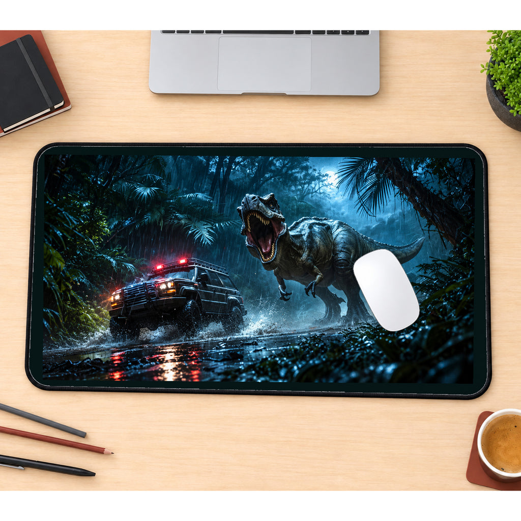 Roaring Dinosaur and Jungle Vehicle desk mat — product mockup 1