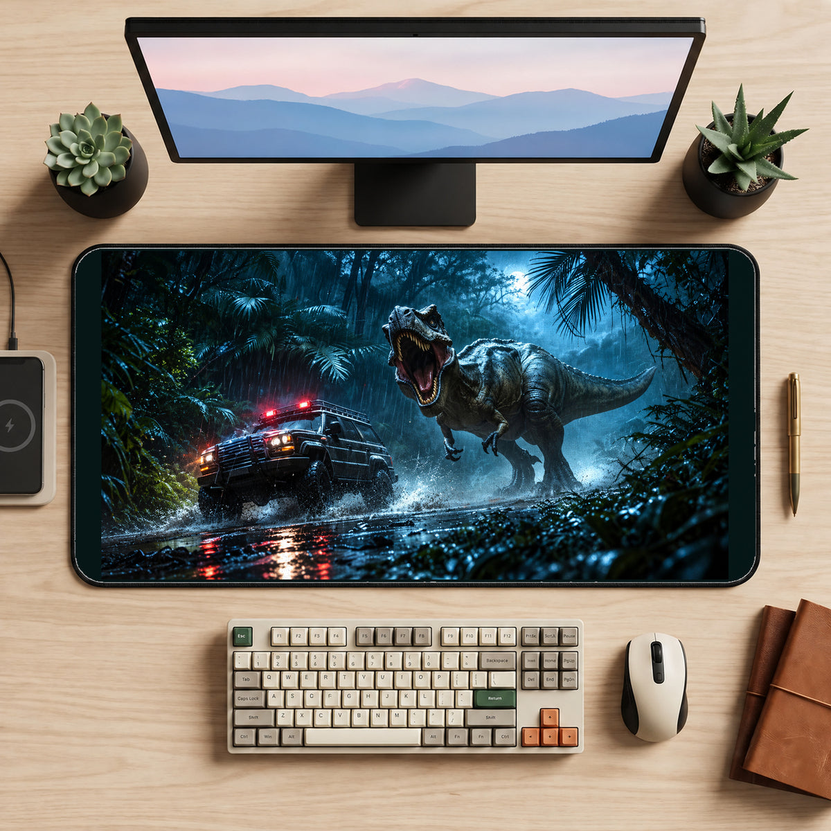 Roaring Dinosaur and Jungle Vehicle desk mat — product mockup 2
