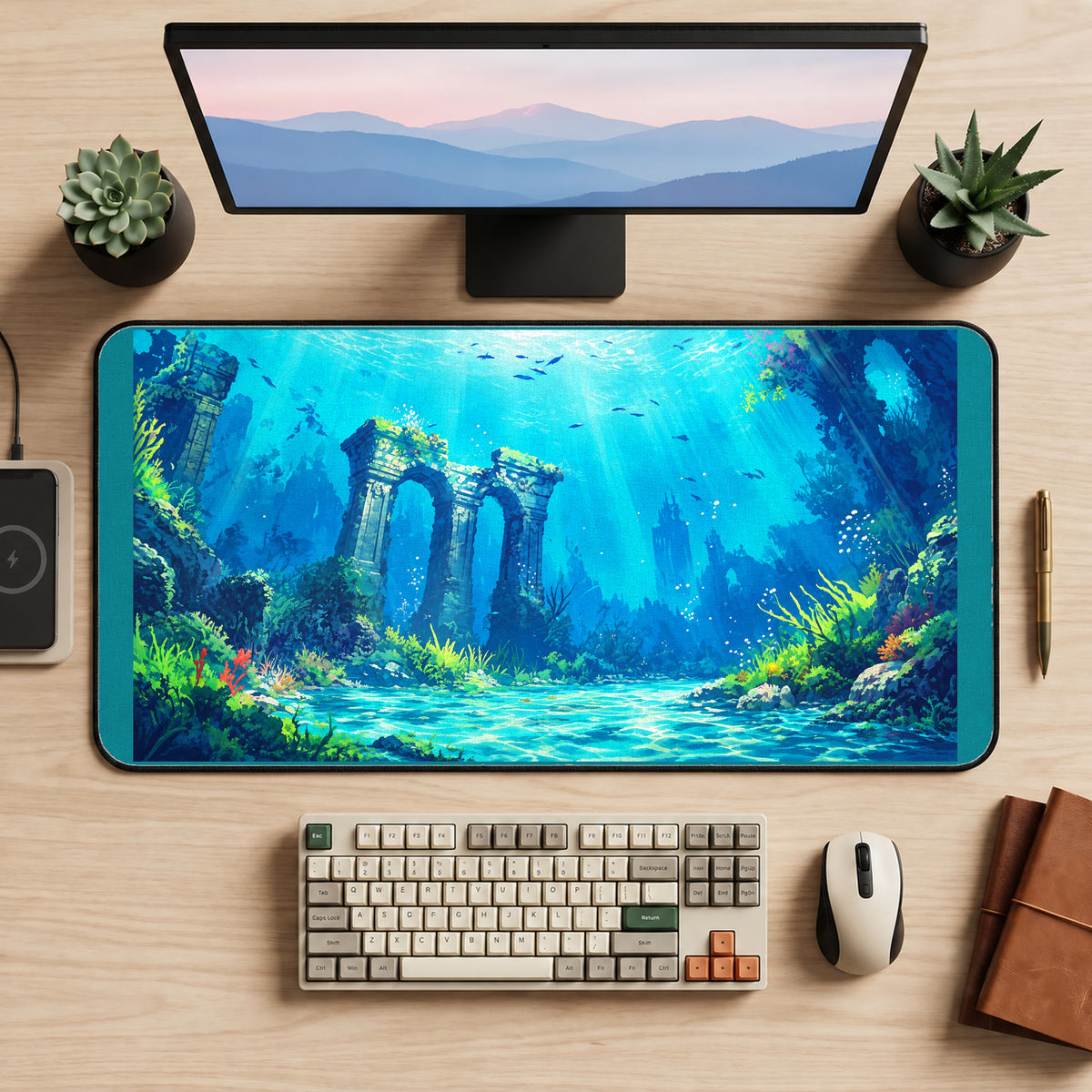Sunken Temple Under Blue Water desk mat — product mockup 2