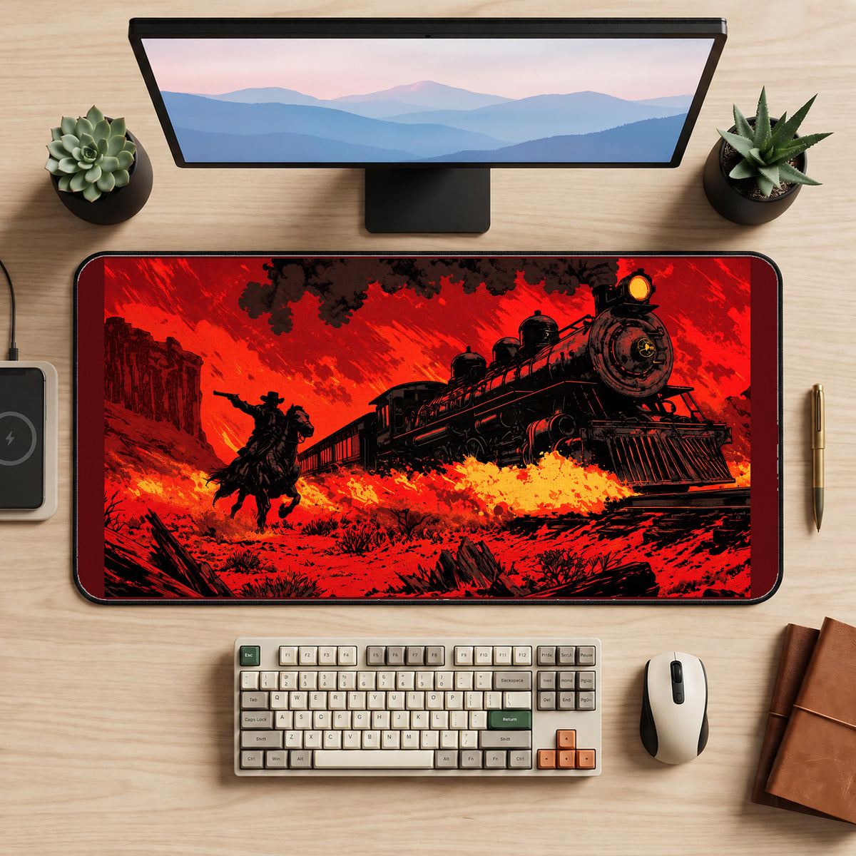 Outlaw Rider and Steam Train desk mat — product mockup 2