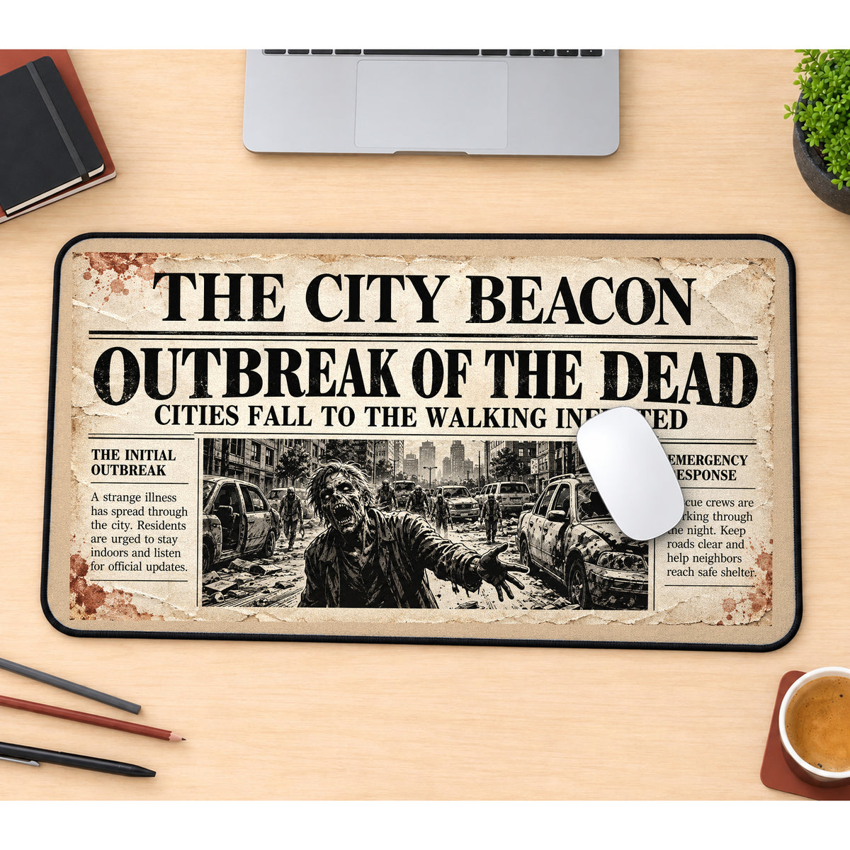 Zombie Outbreak Newspaper desk mat — product mockup 1