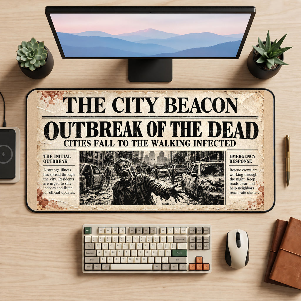 Zombie Outbreak Newspaper desk mat — product mockup 2