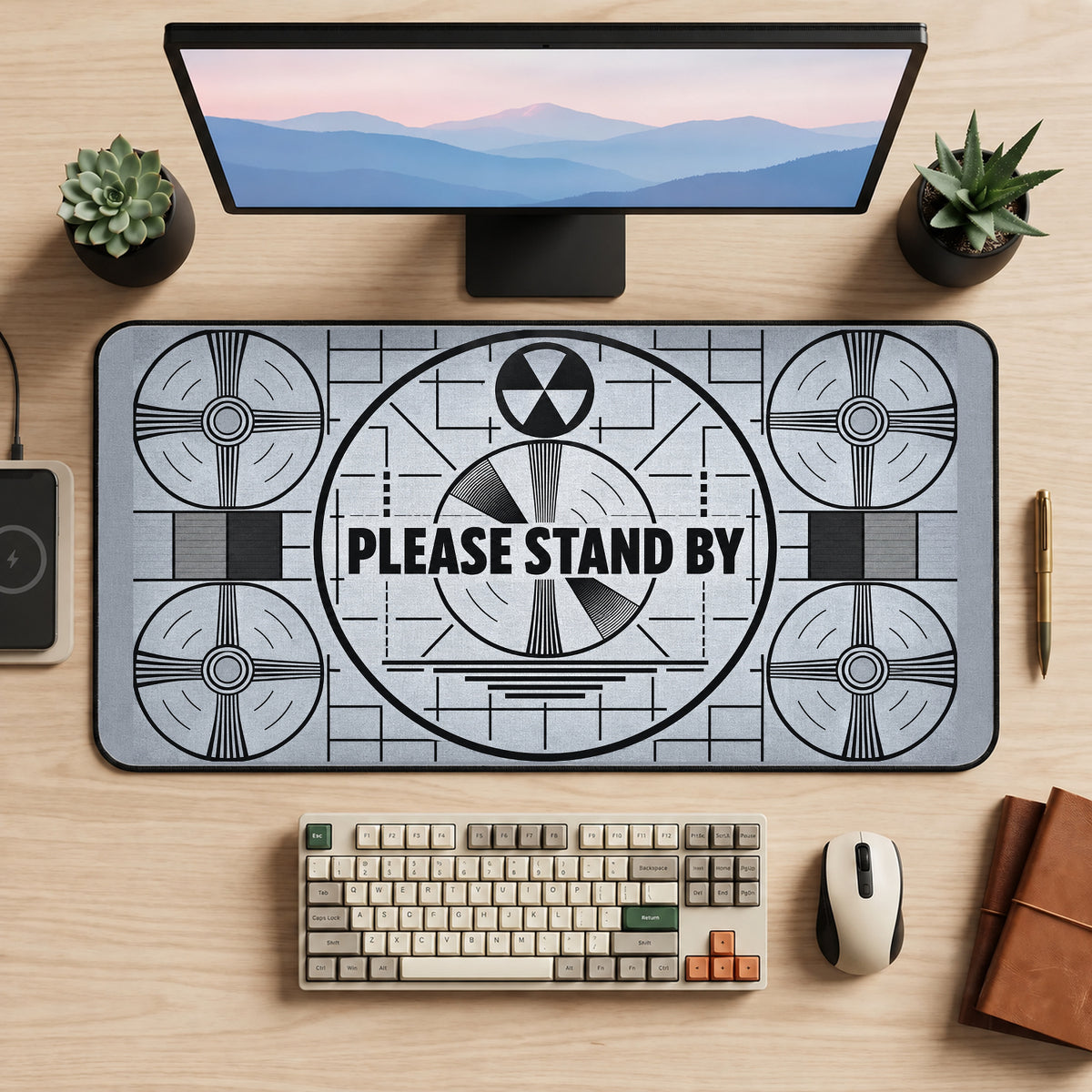 Please Stand By Test Pattern desk mat — product mockup 2