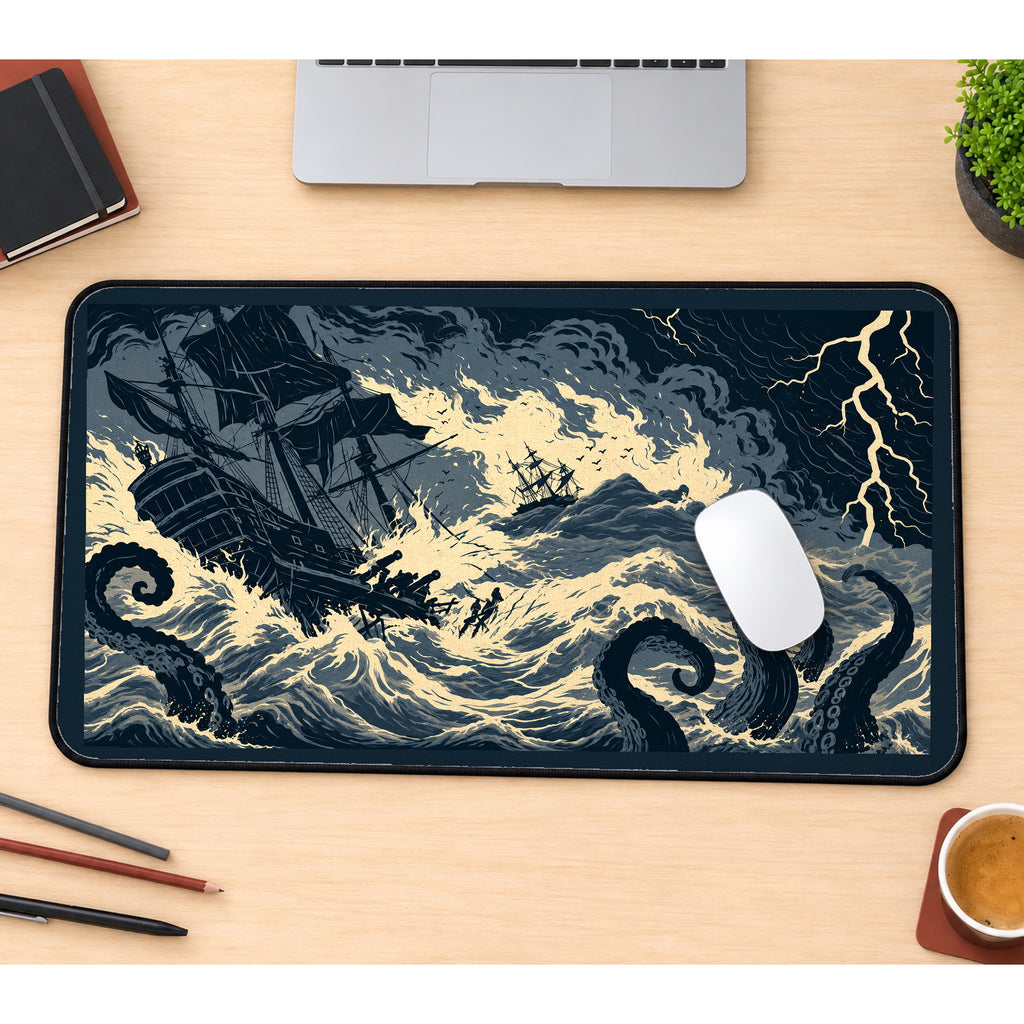 Stormy Pirate Ship and Kraken desk mat — product mockup 1