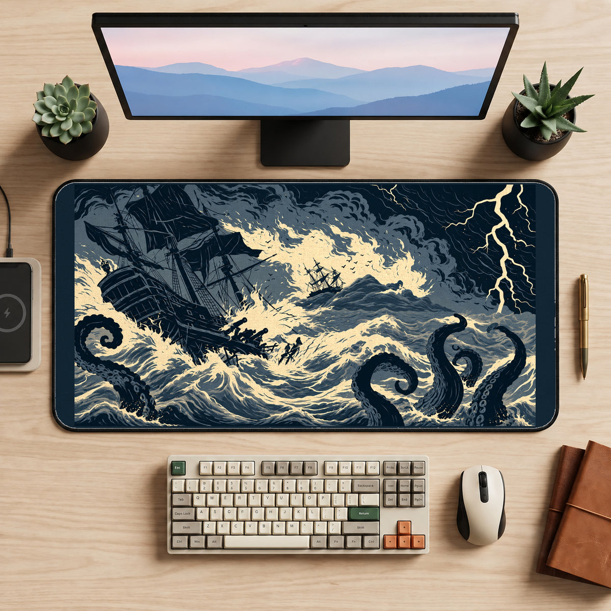 Stormy Pirate Ship and Kraken desk mat — product mockup 2