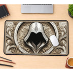 Ornate Hooded Assassin Emblem desk mat — product mockup 1