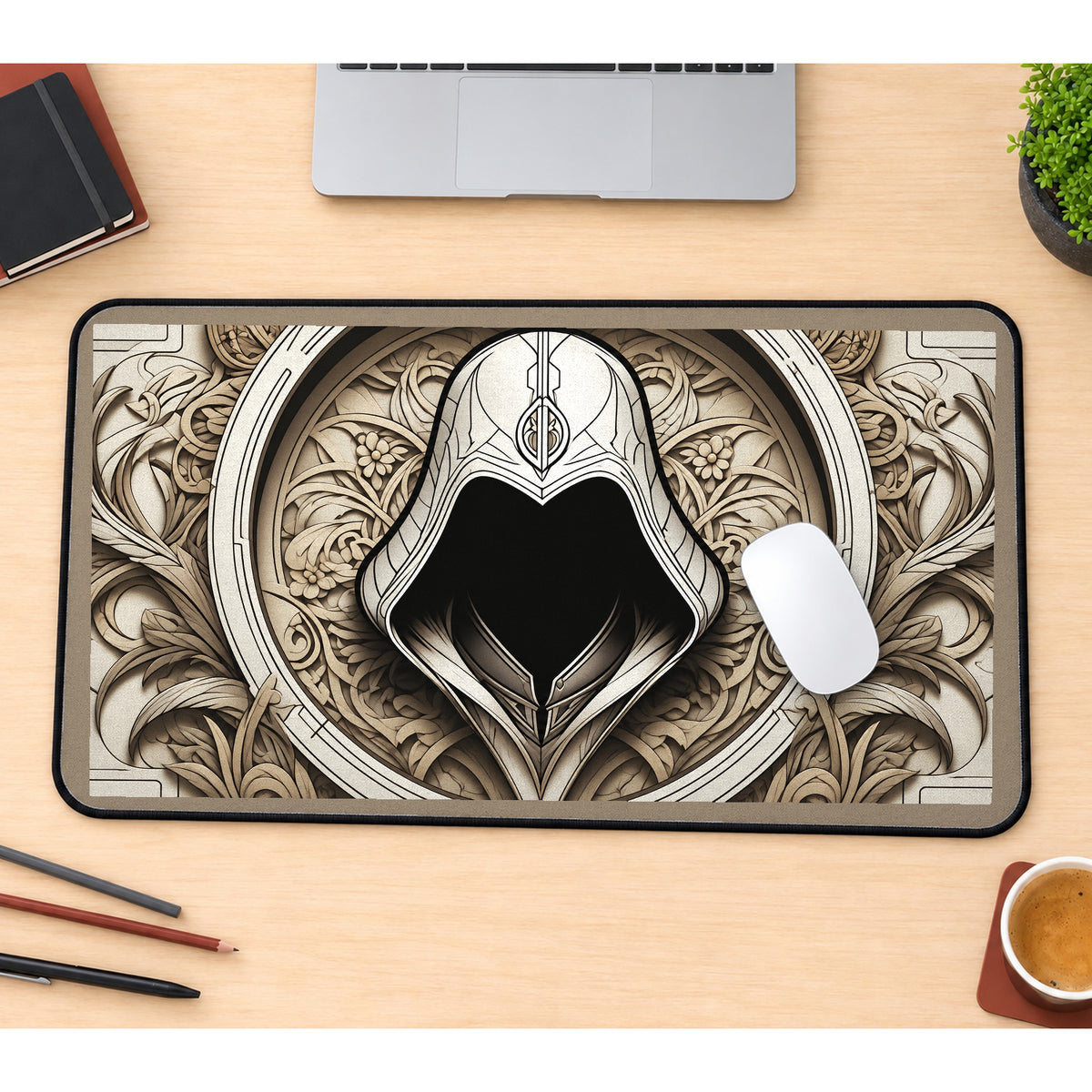 Ornate Hooded Assassin Emblem desk mat — product mockup 1