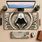 Ornate Hooded Assassin Emblem desk mat — product mockup 2