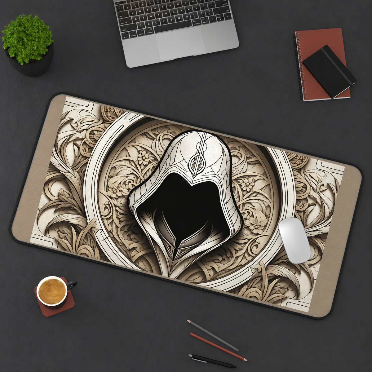 Ornate Hooded Assassin Emblem desk mat — product mockup 3