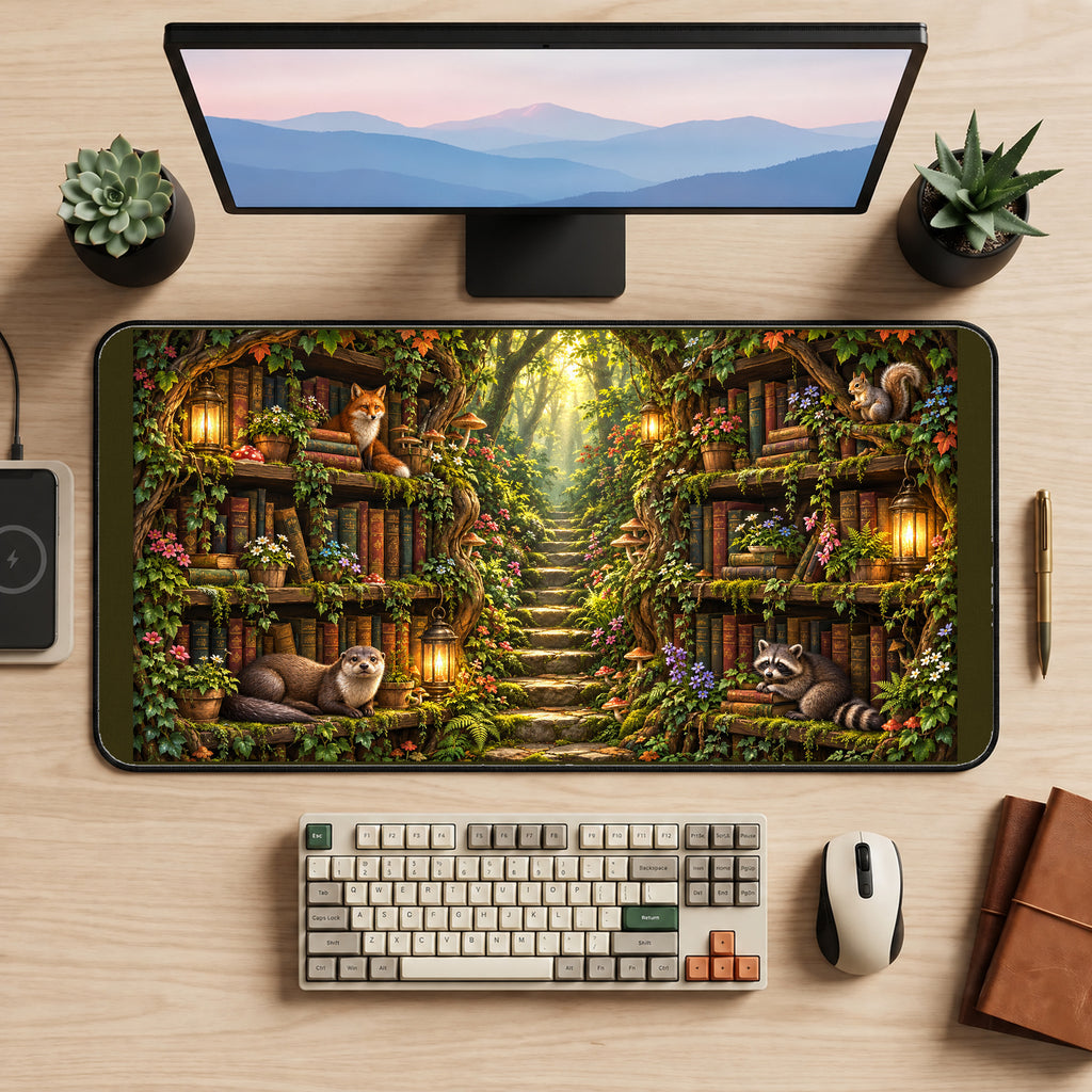 Enchanted Woodland Library desk mat — product mockup 2
